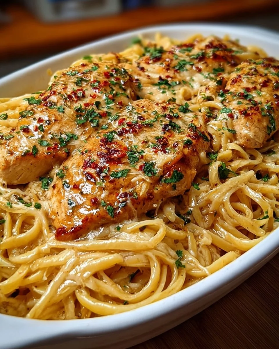 Dish of garlic butter chicken linguine with herbs and parmesan cheese