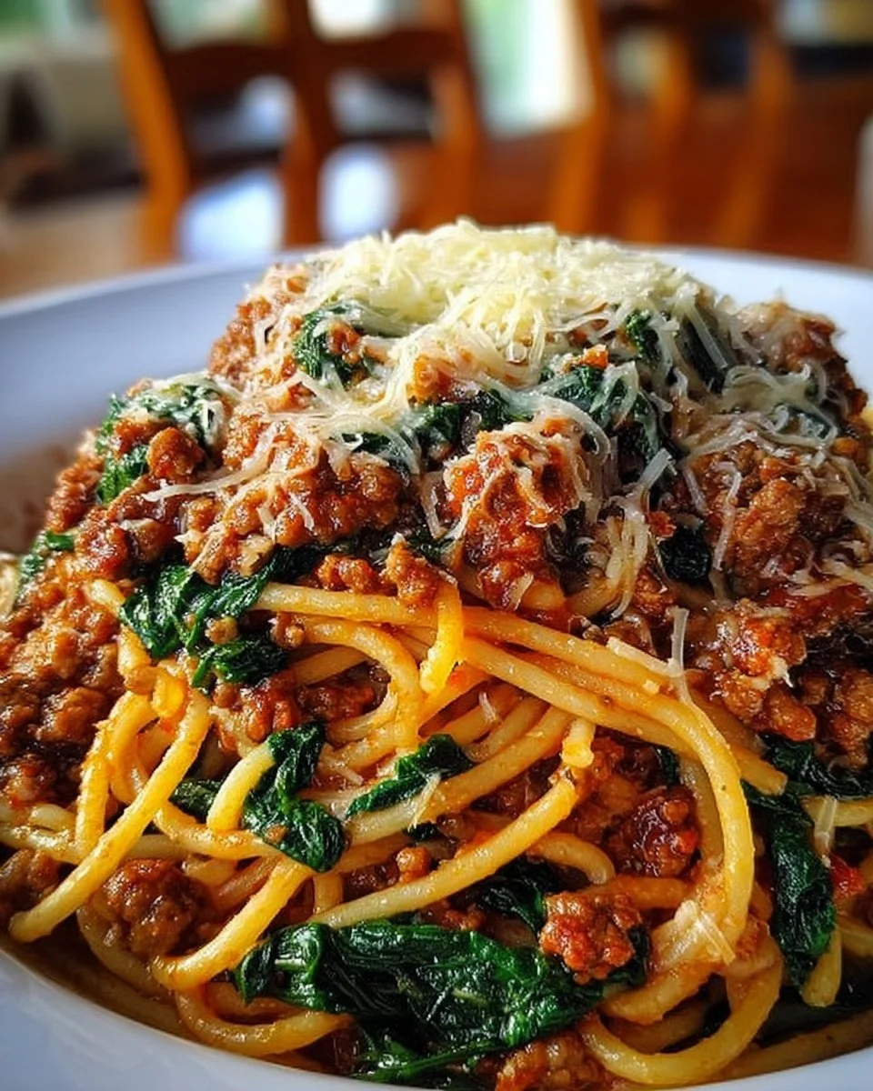 Garlic Butter Spaghetti with Cheesy Italian Sausage and Spinach dish