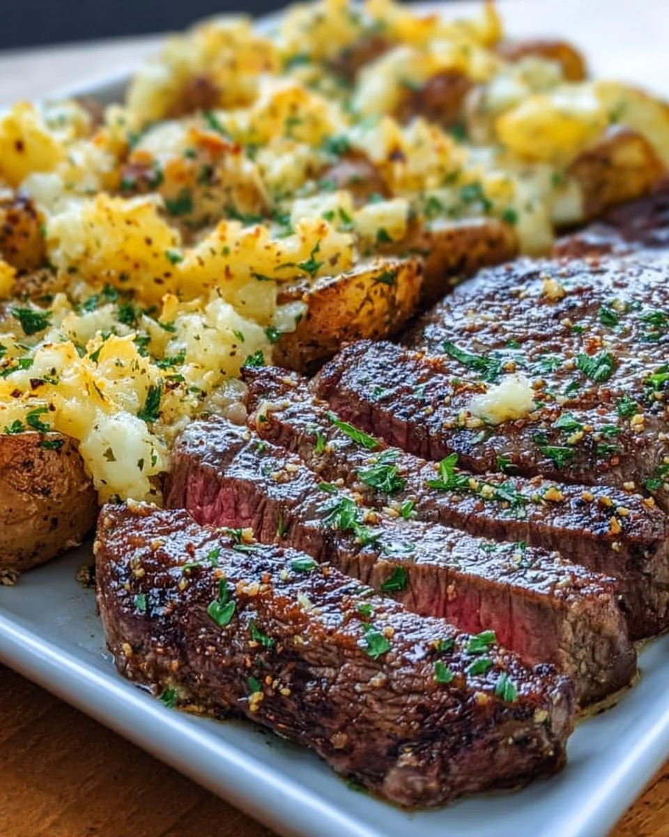 Delicious Garlic Butter Steak served with Cheddar Potato Bake on a plate