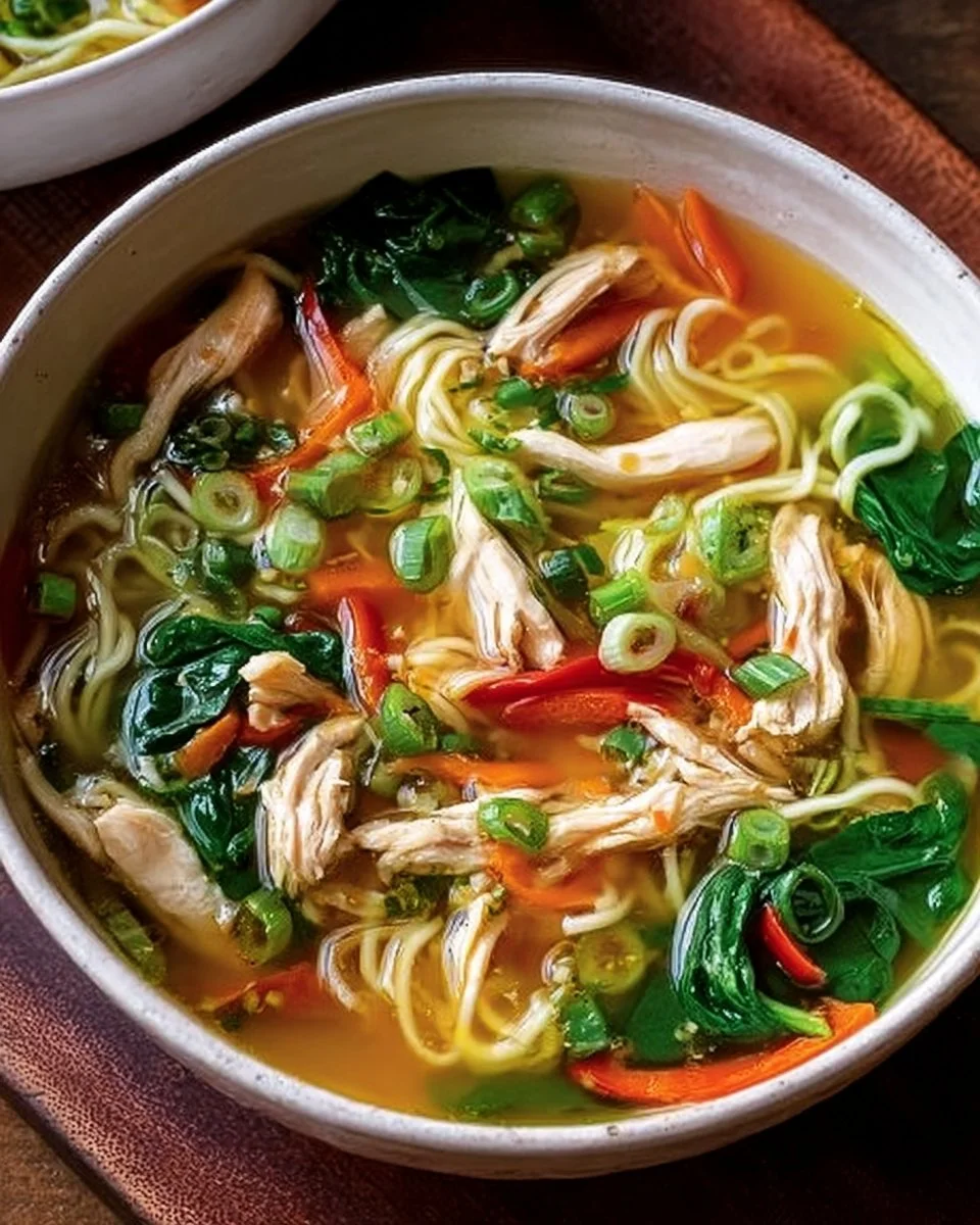 Delicious bowl of Ginger Garlic Chicken Noodle Soup with herbs and chicken