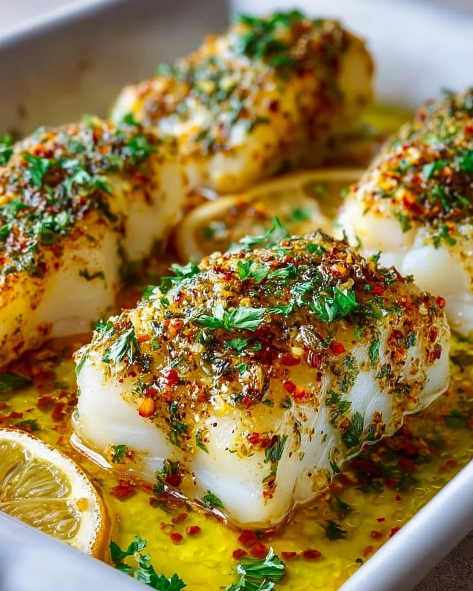 Gluten-free Mediterranean Baked Cod with lemon and garlic served on a plate