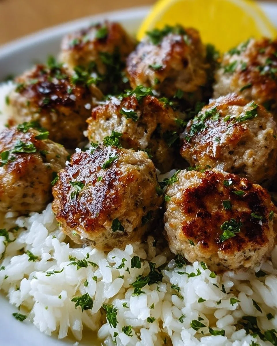 Greek Turkey Meatballs with Lemon Herb Rice on a plate garnished with herbs