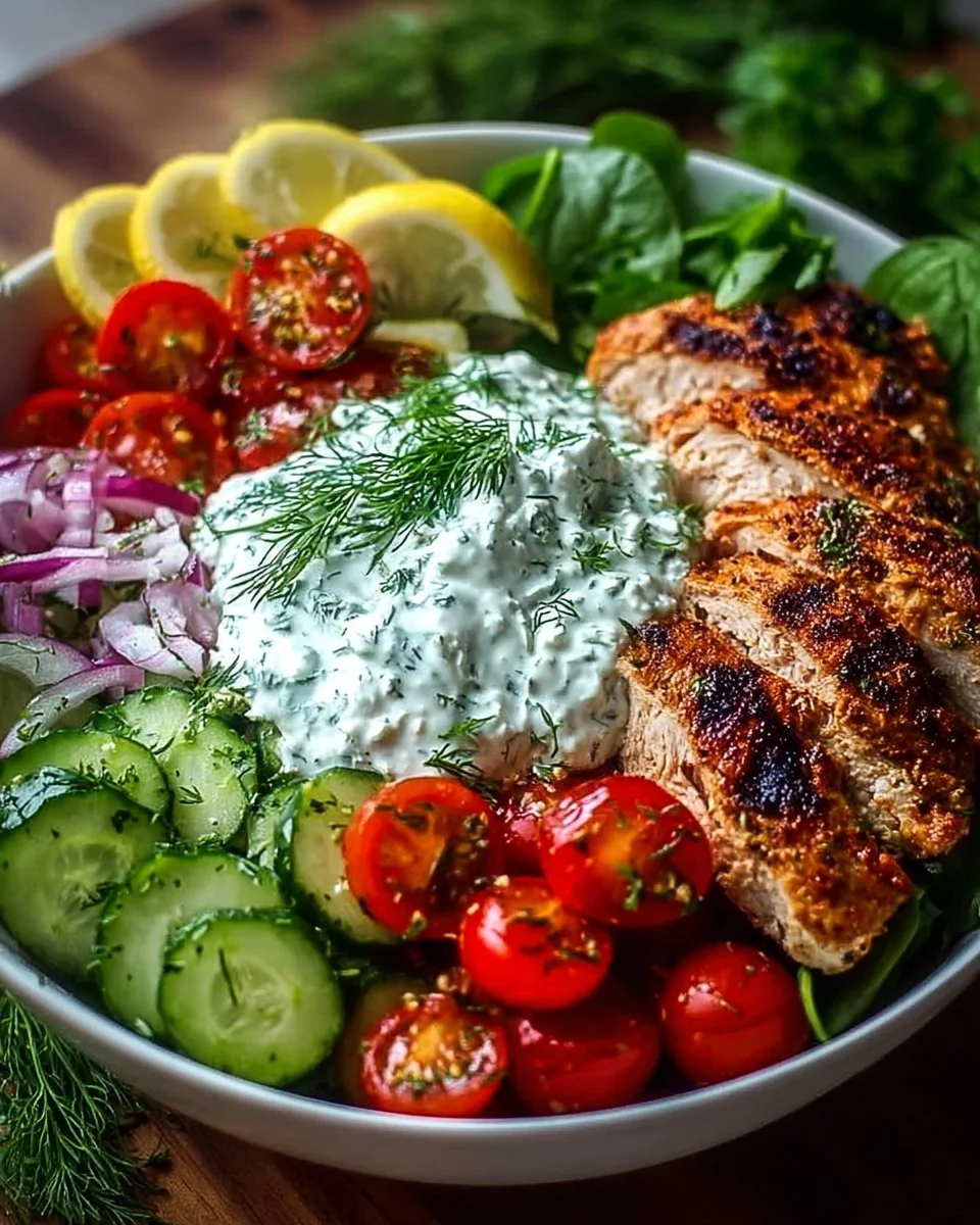 Grilled chicken tzatziki power bowl with fresh vegetables and sauce