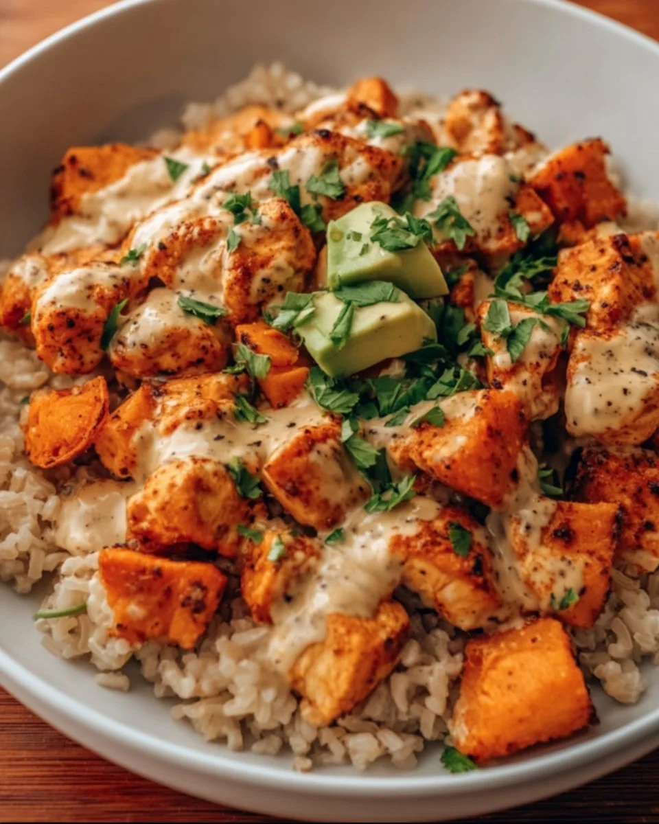 Healthy chicken and sweet potato rice bowl recipe