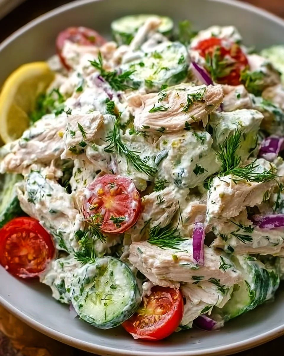 Healthy Mediterranean Tzatziki Chicken Salad on a plate with fresh veggies