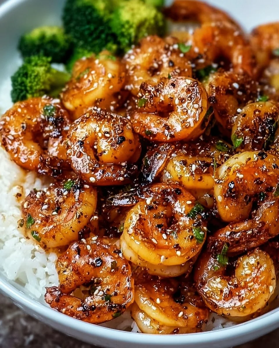 Plate of high-protein honey garlic shrimp served with vegetables