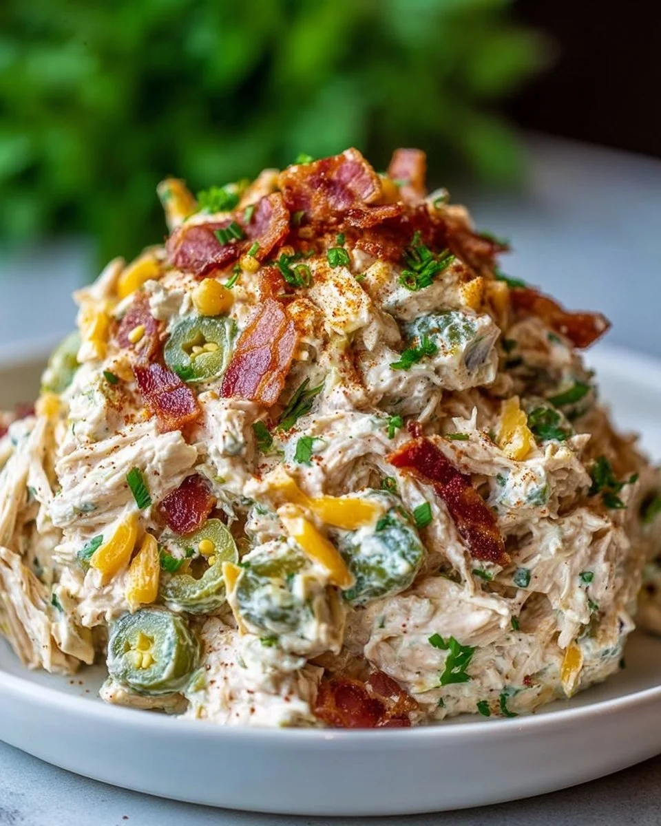 High protein jalapeno popper chicken salad with bacon, cheese and jalapeños