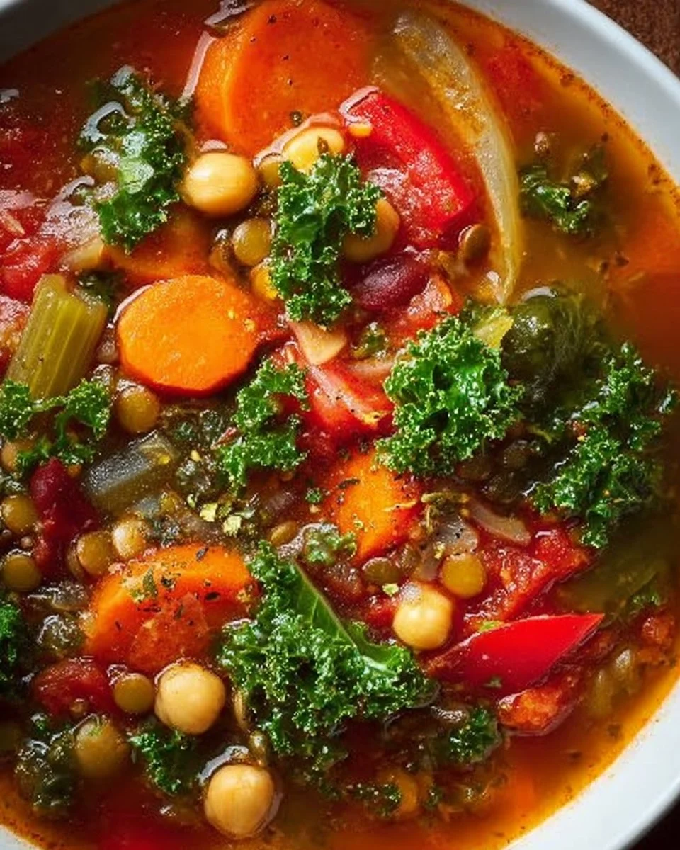 Bowl of high-protein vegetable soup with fresh vegetables and herbs