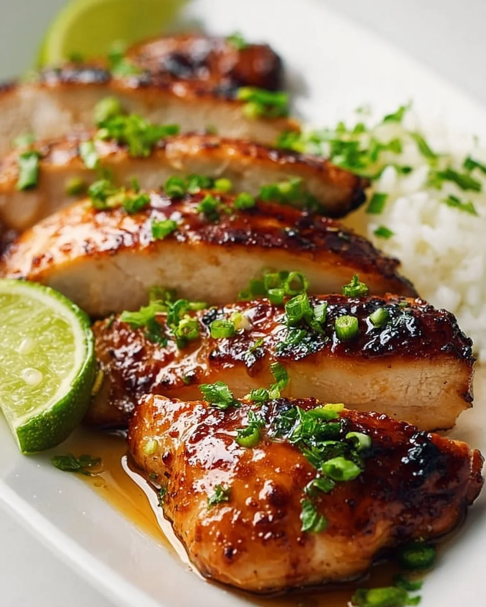Honey Lime Chicken recipe with sticky citrus glaze topped with lime slices