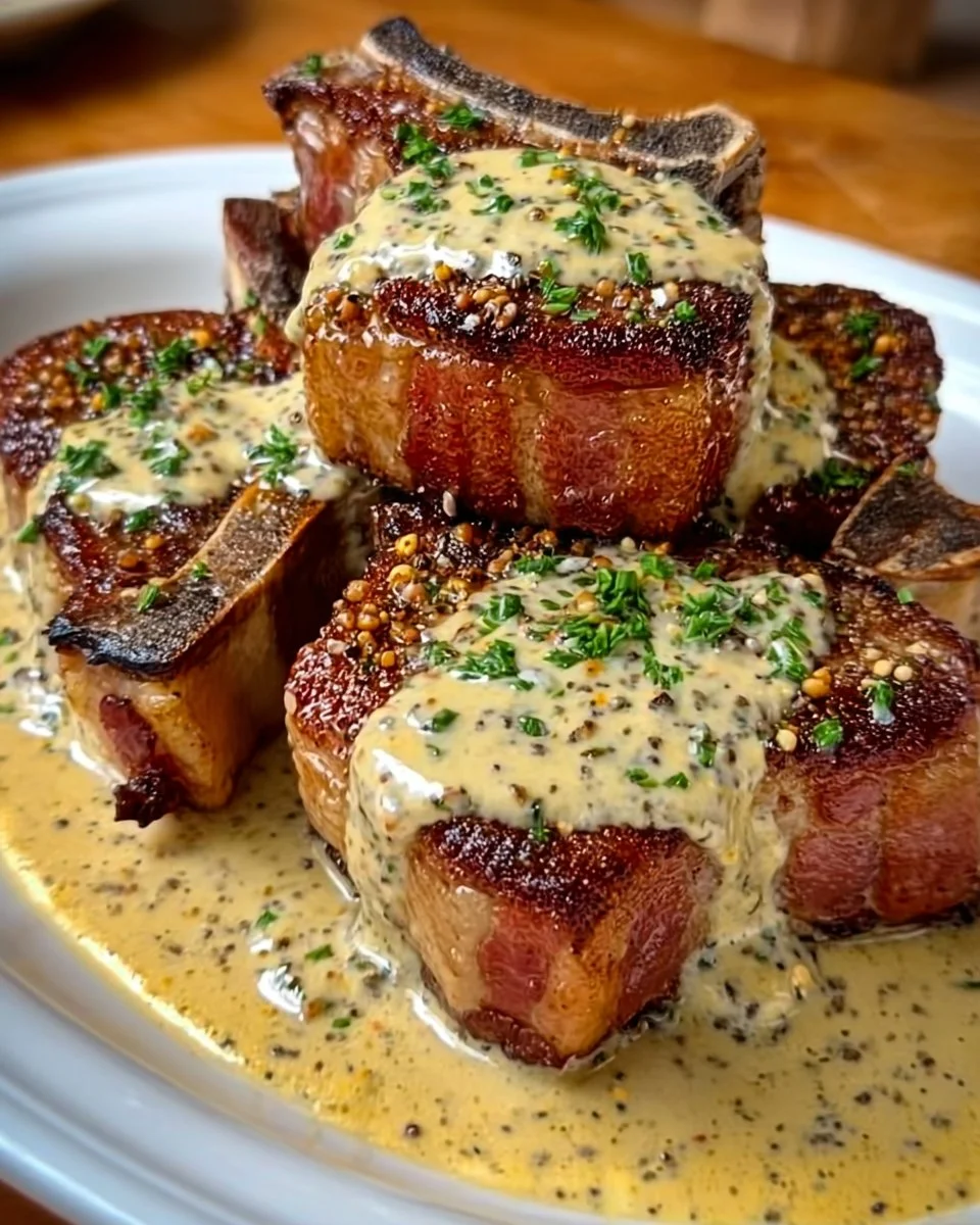 Delicious maple bacon pork chops served with Dijon cream sauce