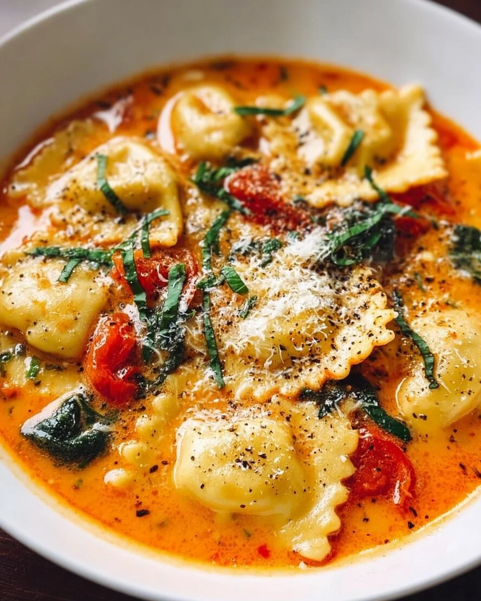 A bowl of Italian Tuscan Ravioli Soup with fresh herbs and vibrant vegetables