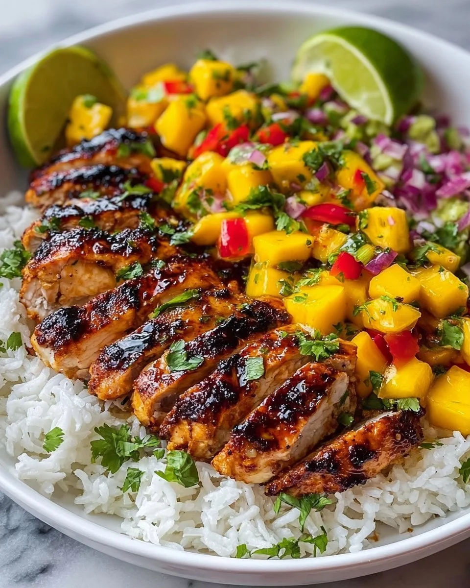 Delicious jerk chicken bowl with mango salsa and coconut rice