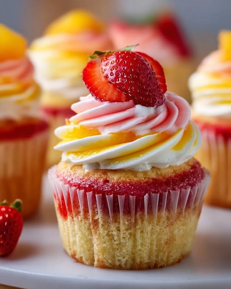 Delicious Mango Strawberry Cupcakes with vibrant frosting and fresh fruit topping
