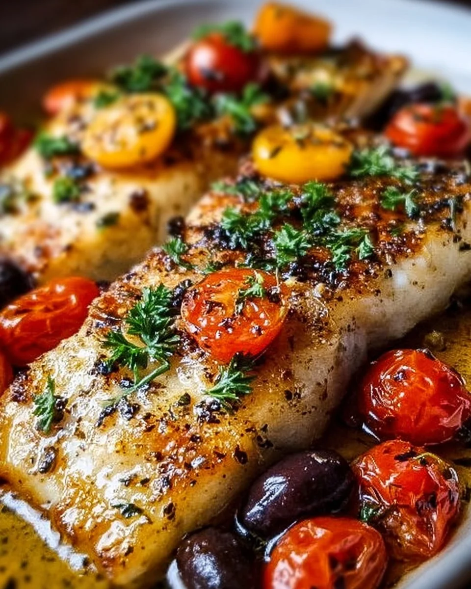 Mediterranean baked fish served with lemon and herbs on a plate