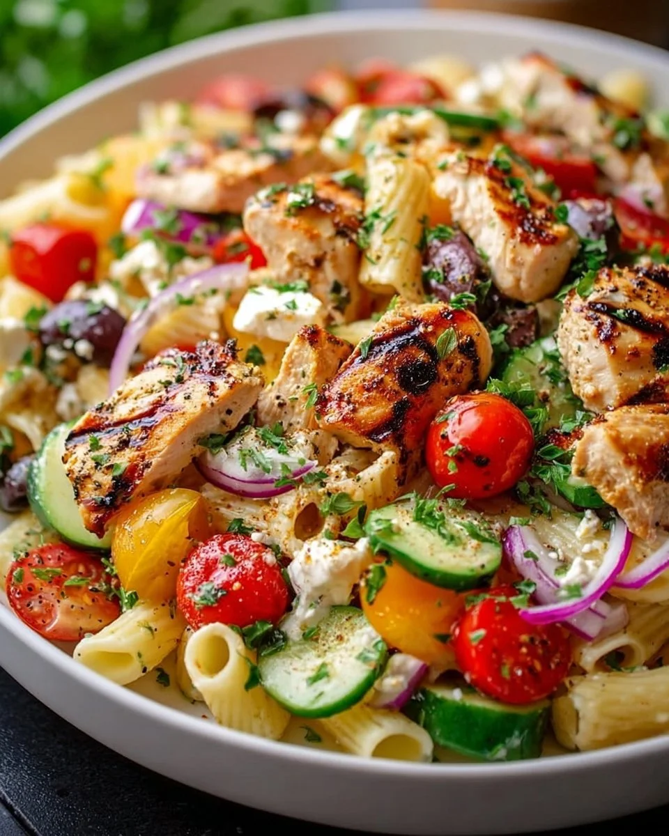 Mediterranean chicken pasta salad with fresh vegetables and herbs