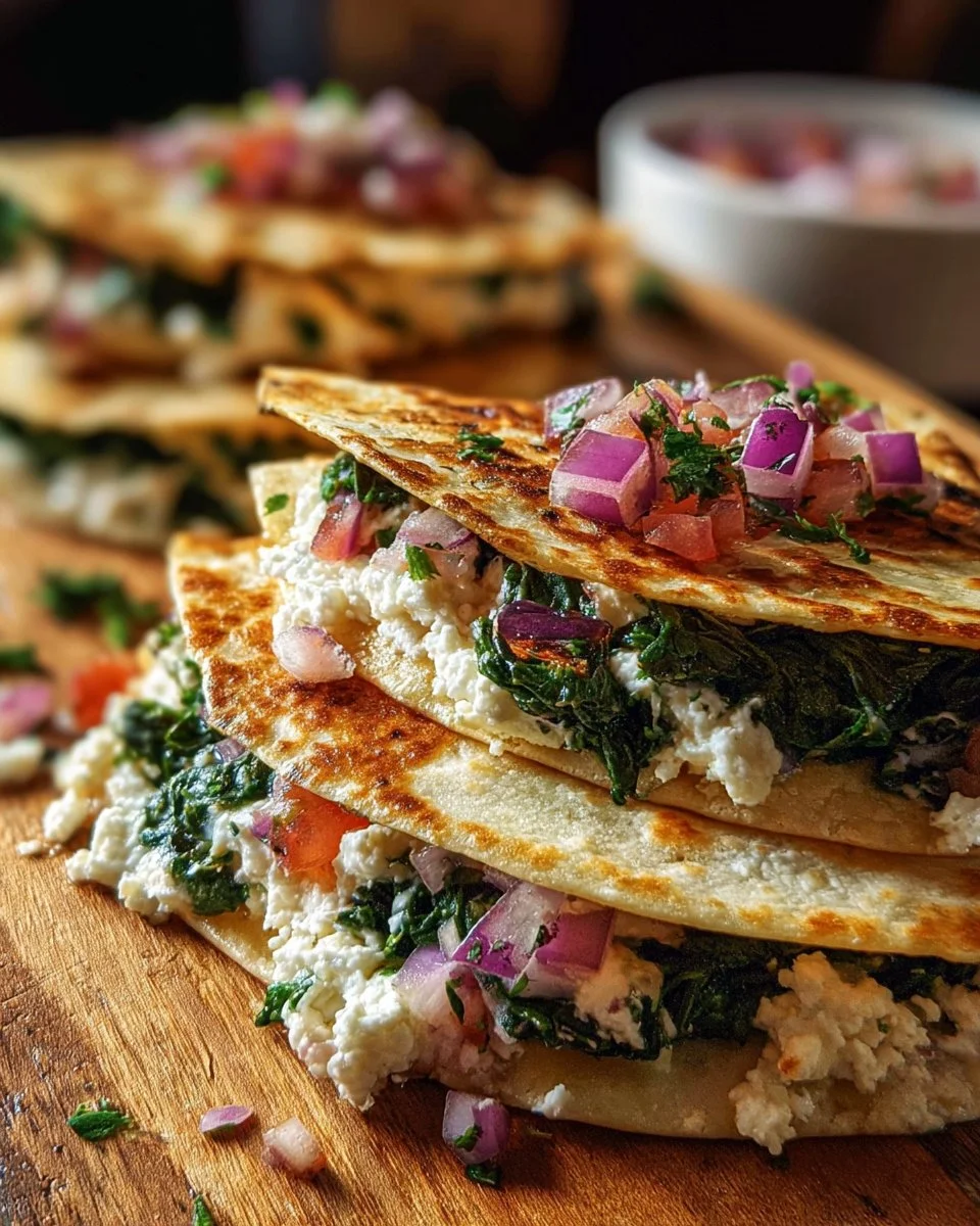 Mediterranean Quesadillas with spinach, feta, mozzarella, and red onion on a plate