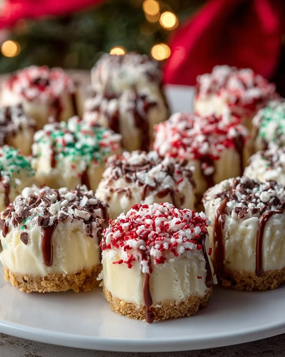 No-bake Christmas cheesecake bites served on a festive platter