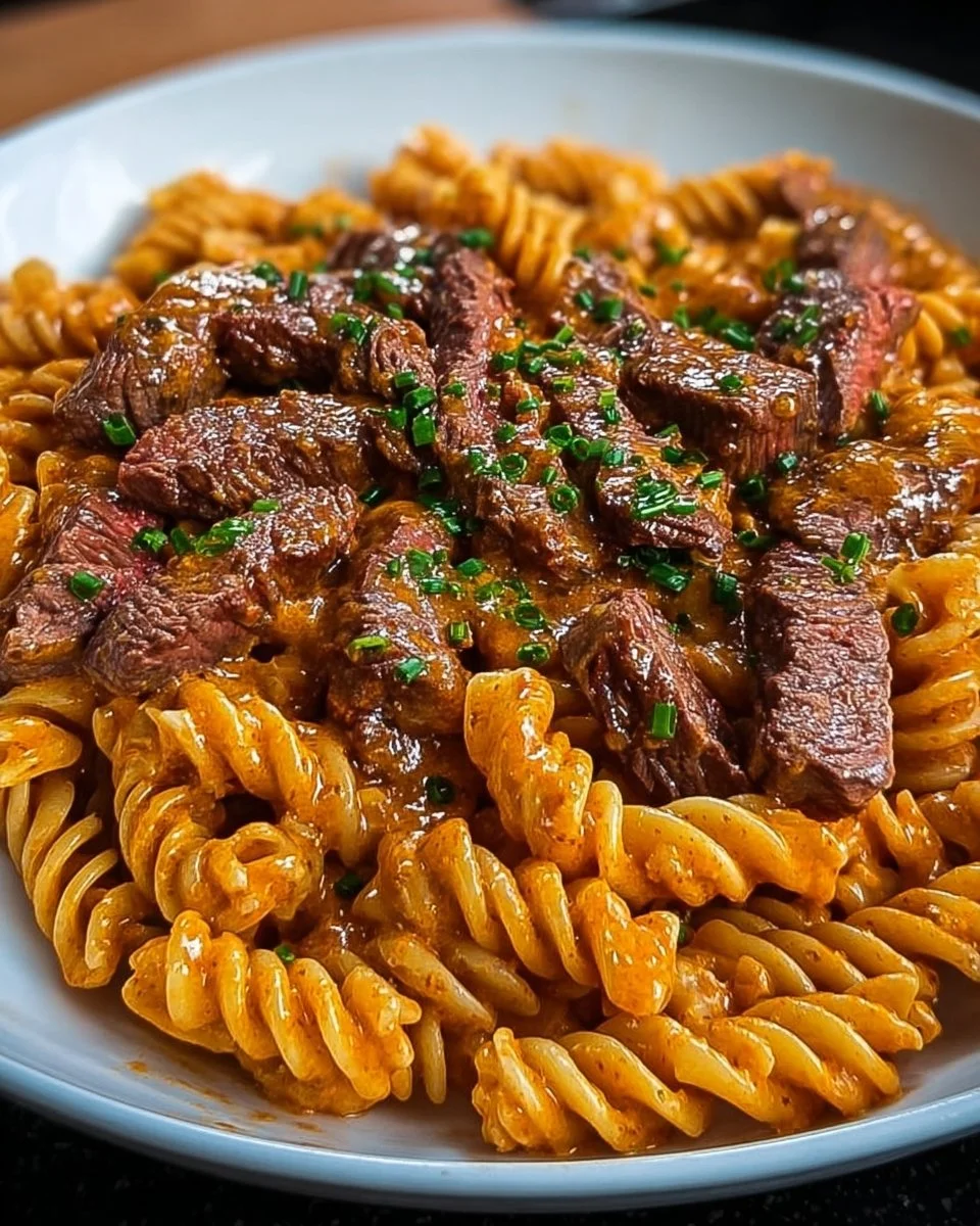 One-skillet Buffalo Ranch Steak with pasta in a bowl