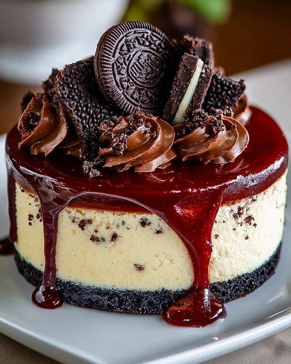 Delicious homemade Oreo cheesecake topped with crushed cookies and chocolate drizzle