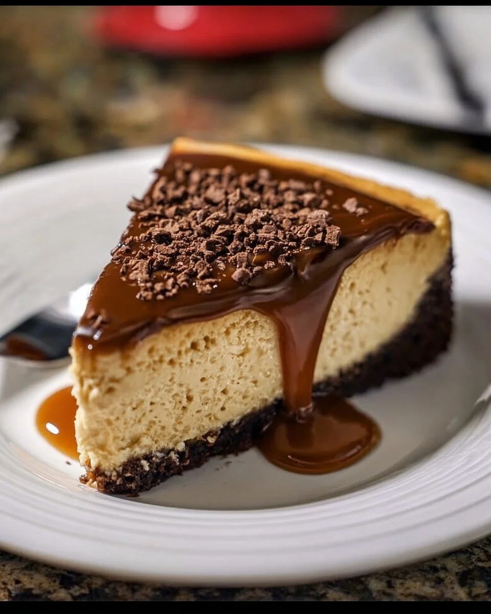 Delicious coffee cheesecake topped with coffee beans and chocolate drizzle