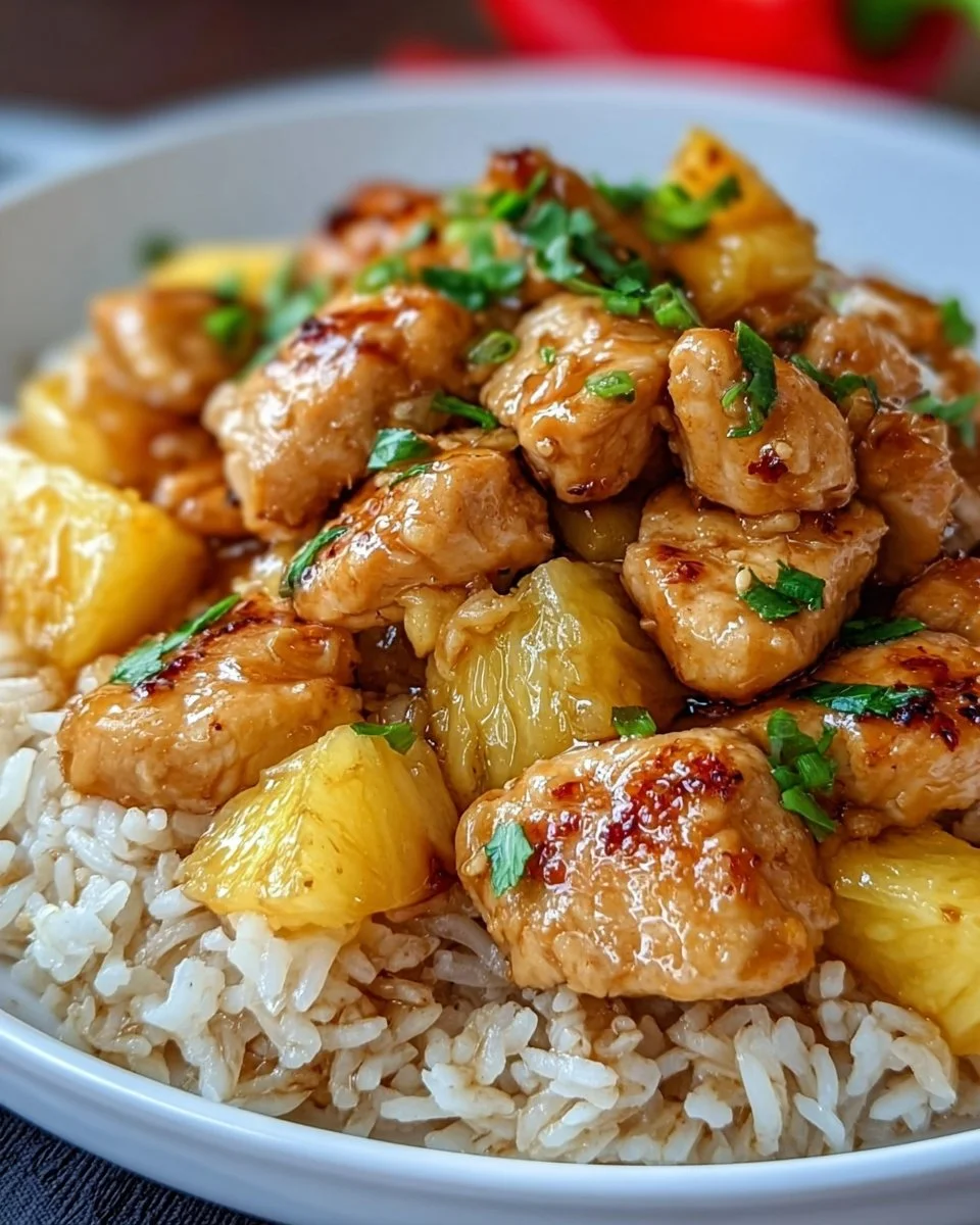 A vibrant plate of Pineapple Chicken and Rice garnished with fresh herbs.