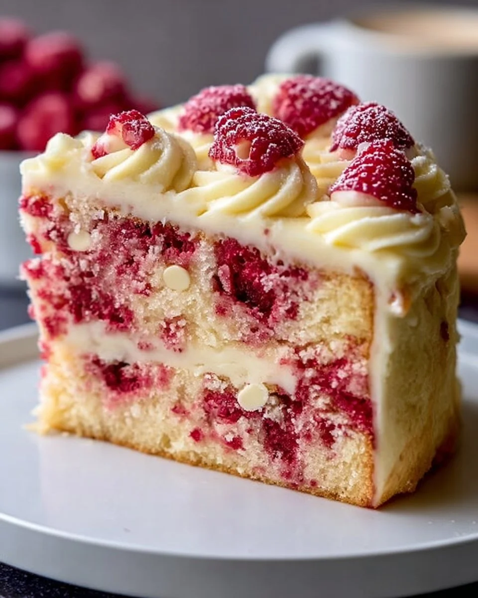 Delicious Raspberry White Chocolate Cake with fresh raspberries and creamy frosting