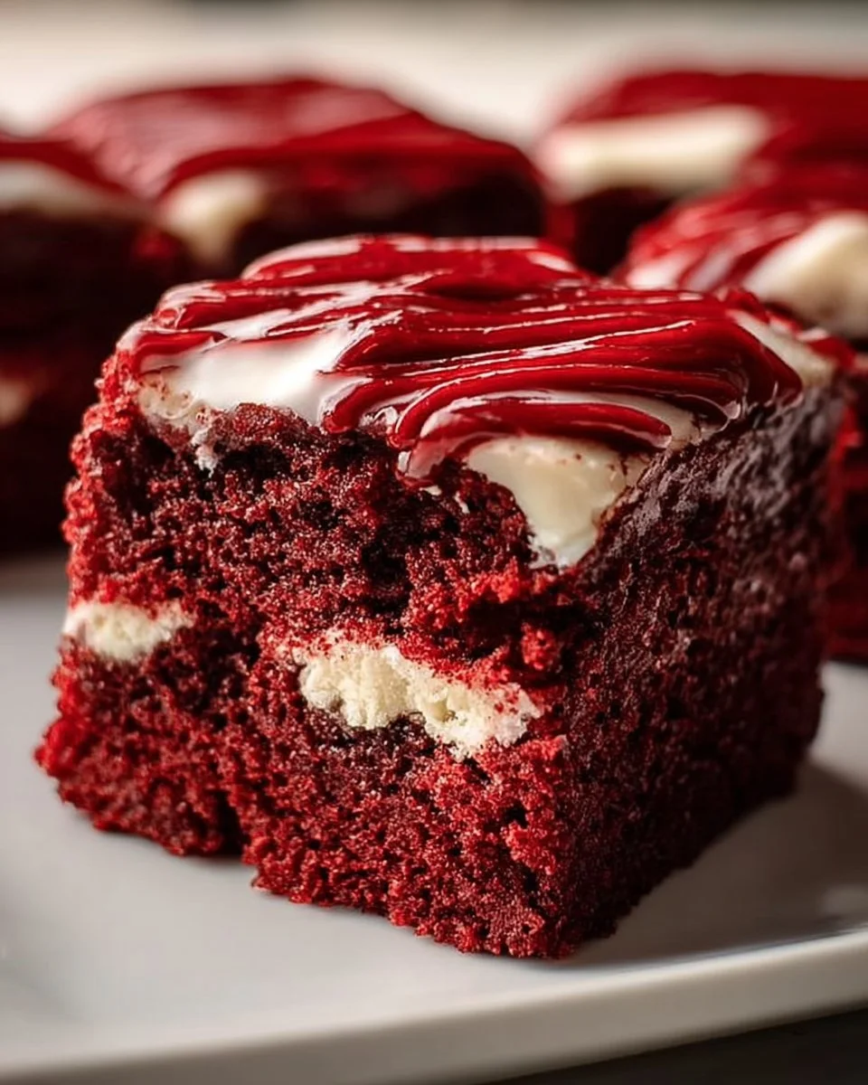 Decadent red velvet brownies topped with cream cheese frosting