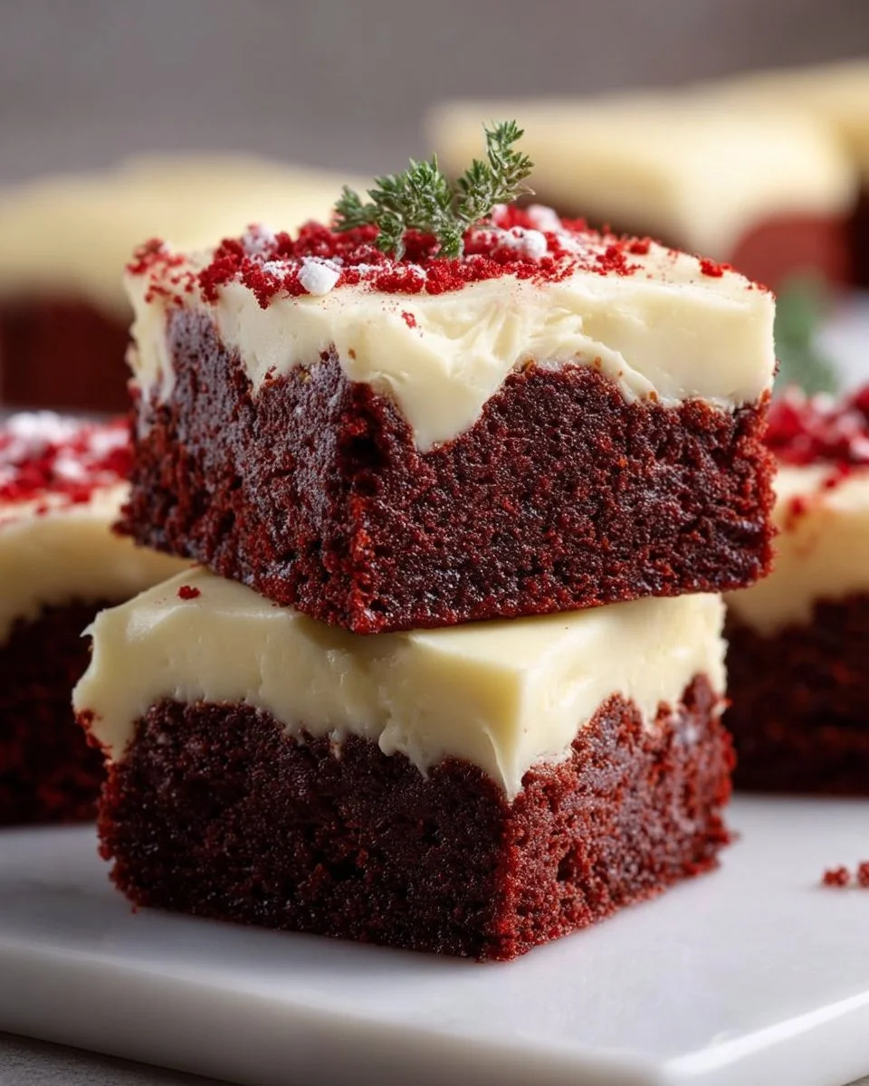 Delicious red velvet brownies with cream cheese frosting on a plate