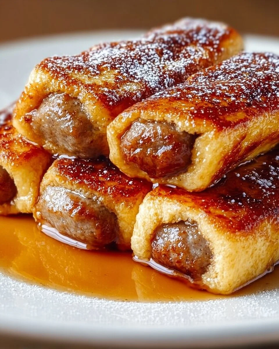 Delicious Sausage French Toast Roll-Ups ready to serve on a plate.