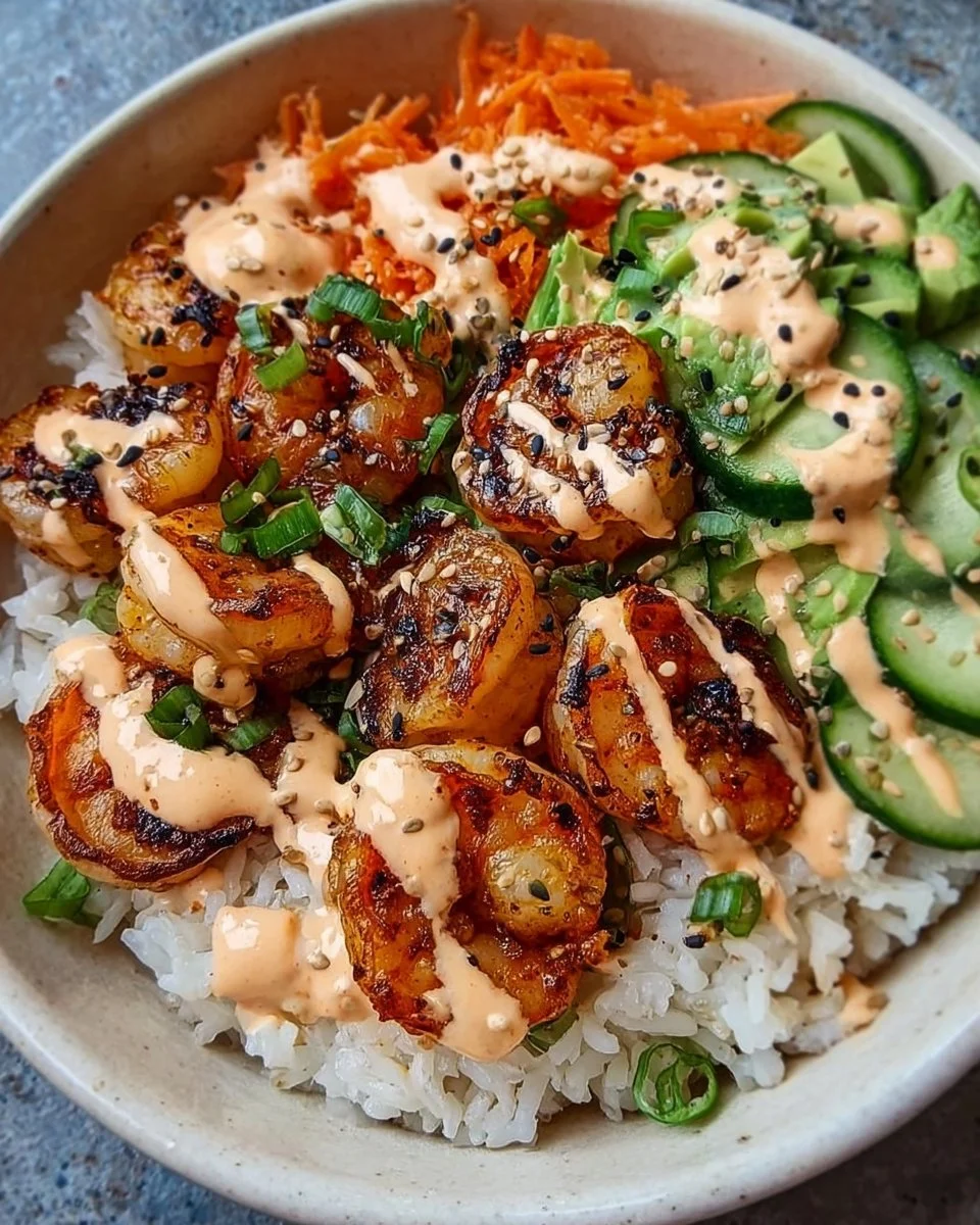Shrimp rice bowls drizzled with spicy mayo, ready to be served.