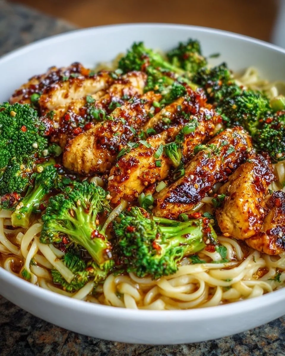 Spicy garlic chicken served in a colorful broccoli noodle bowl.