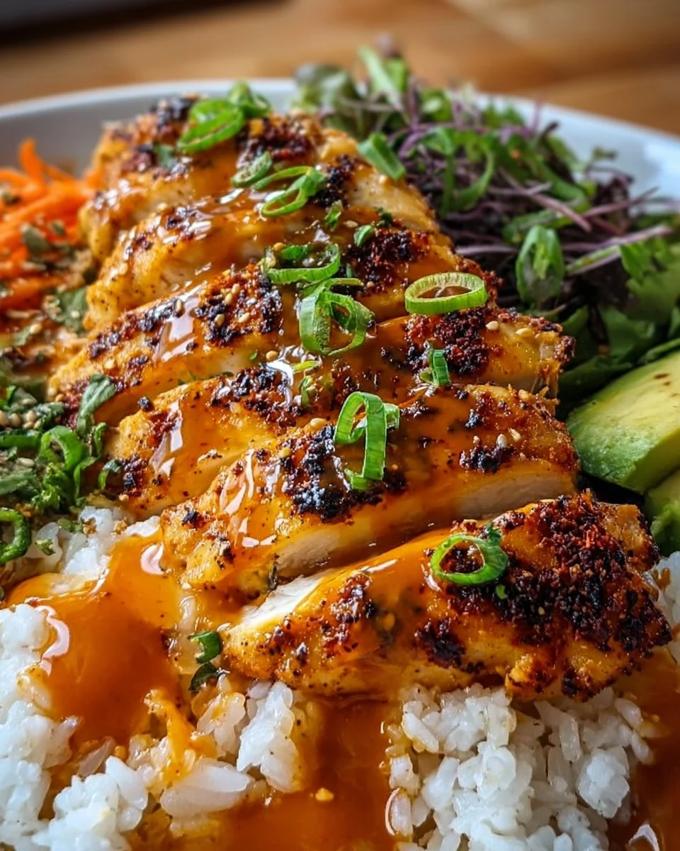 Spicy Maple Chicken served over coconut rice on a wooden table.