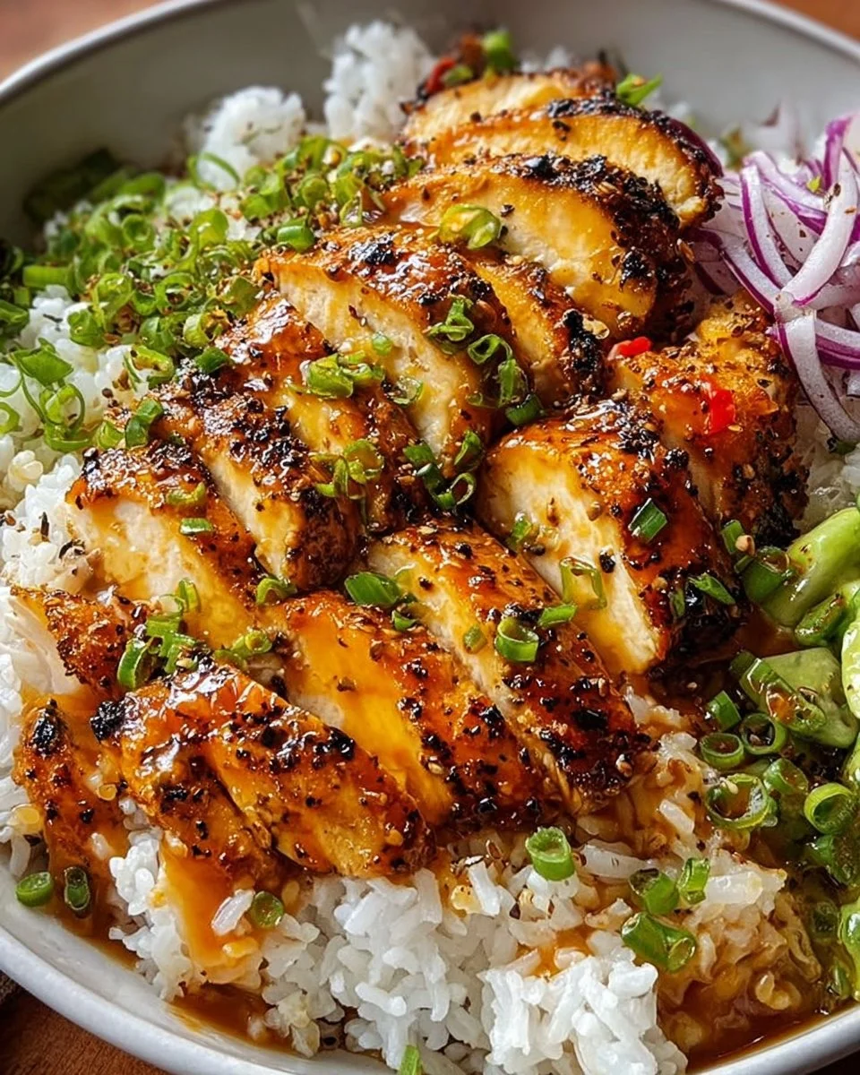Plate of Spicy Maple Chicken served with Coconut Rice garnished with herbs.