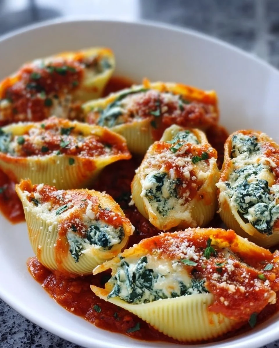 Delicious spinach and ricotta stuffed shells garnished and ready to serve