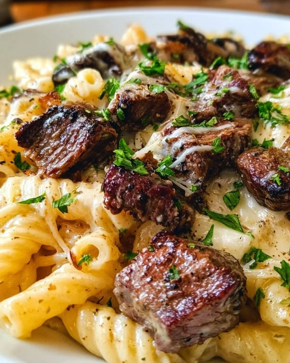 Steak and truffle gouda pasta bake served in a casserole dish