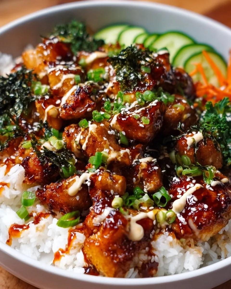 Sticky chicken rice bowls topped with spicy mayo, a flavorful meal option.