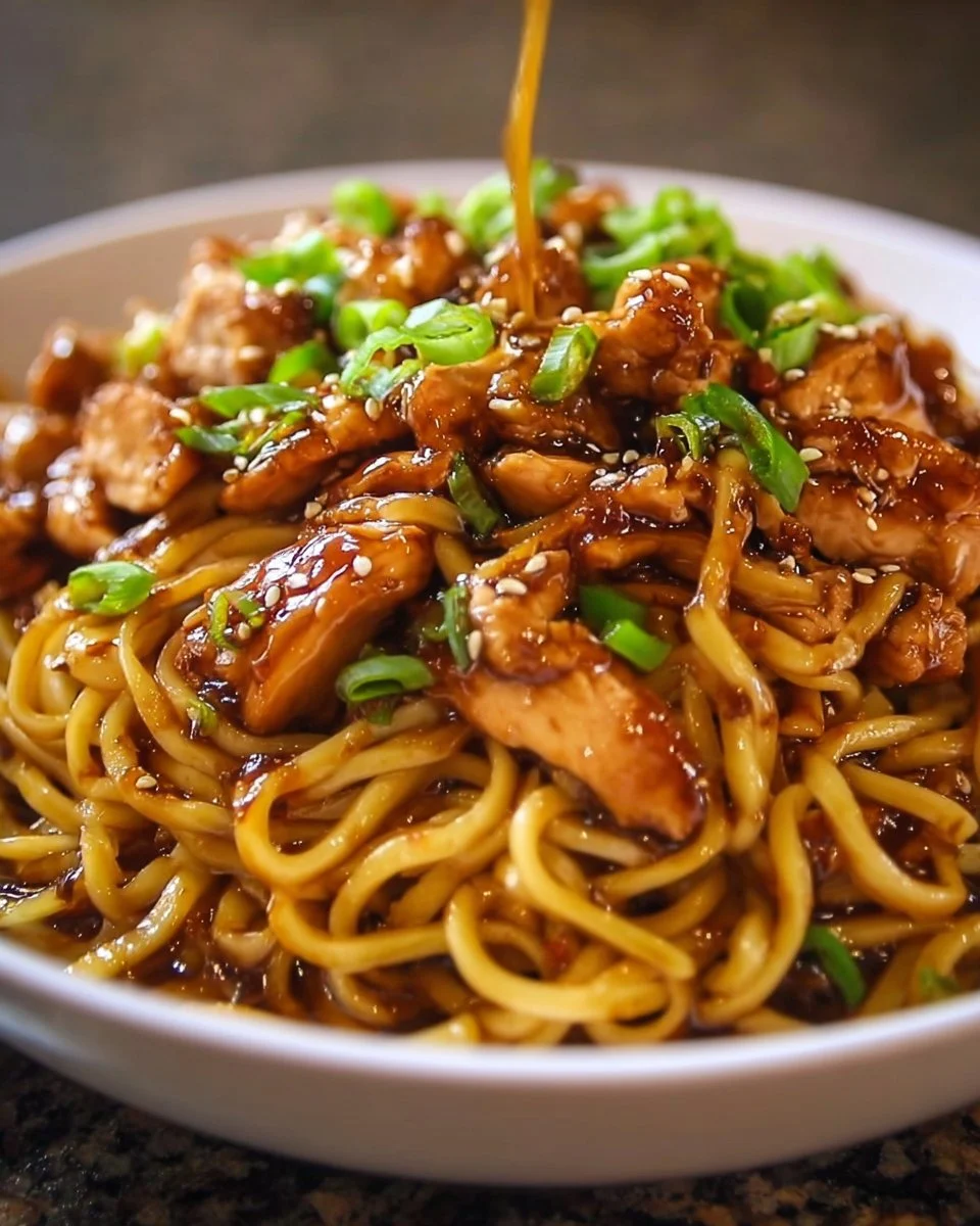 Sticky Garlic Chicken Noodles served in a bowl with fresh herbs and vegetables.