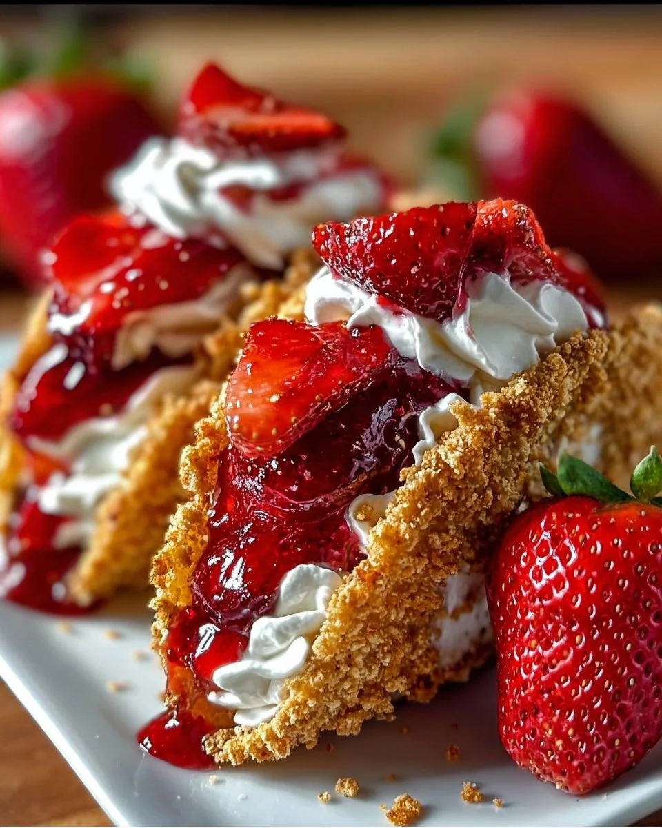 Strawberry Crunch Cheesecake Tacos with creamy filling and crunchy topping.