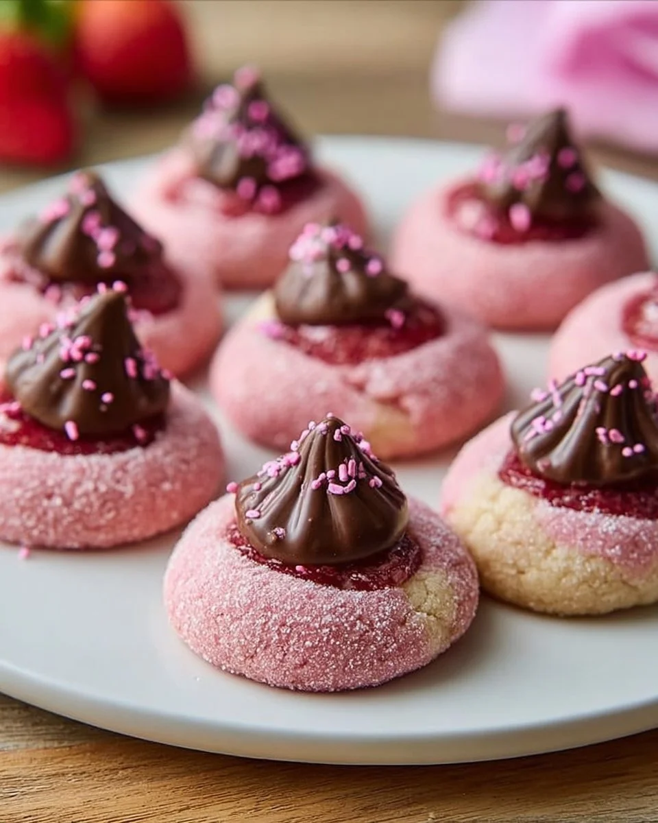 Delicious homemade Strawberry Kiss Cookies with chocolate and strawberries.