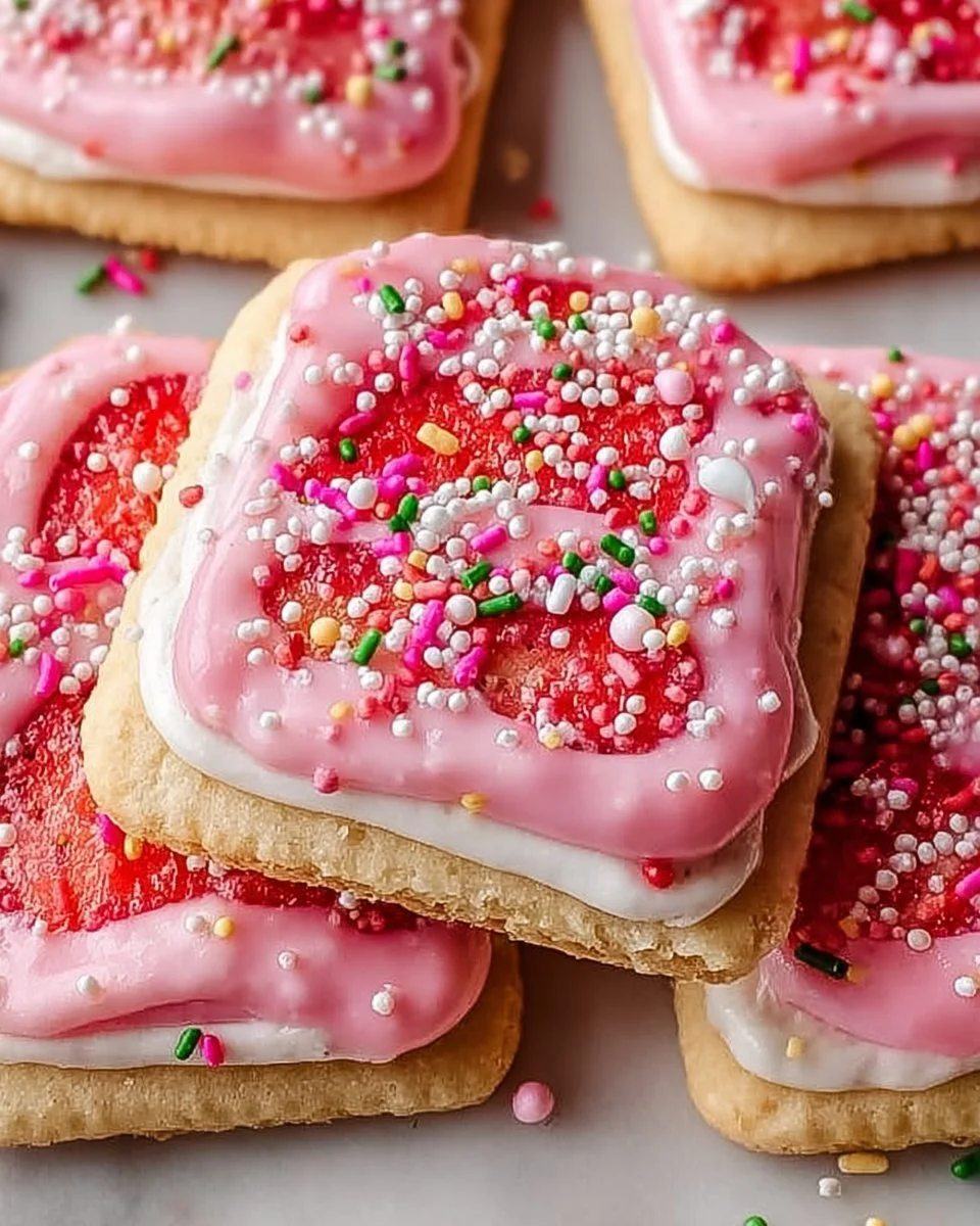 Strawberry Pop Tart sugar cookies with colorful icing on a plate