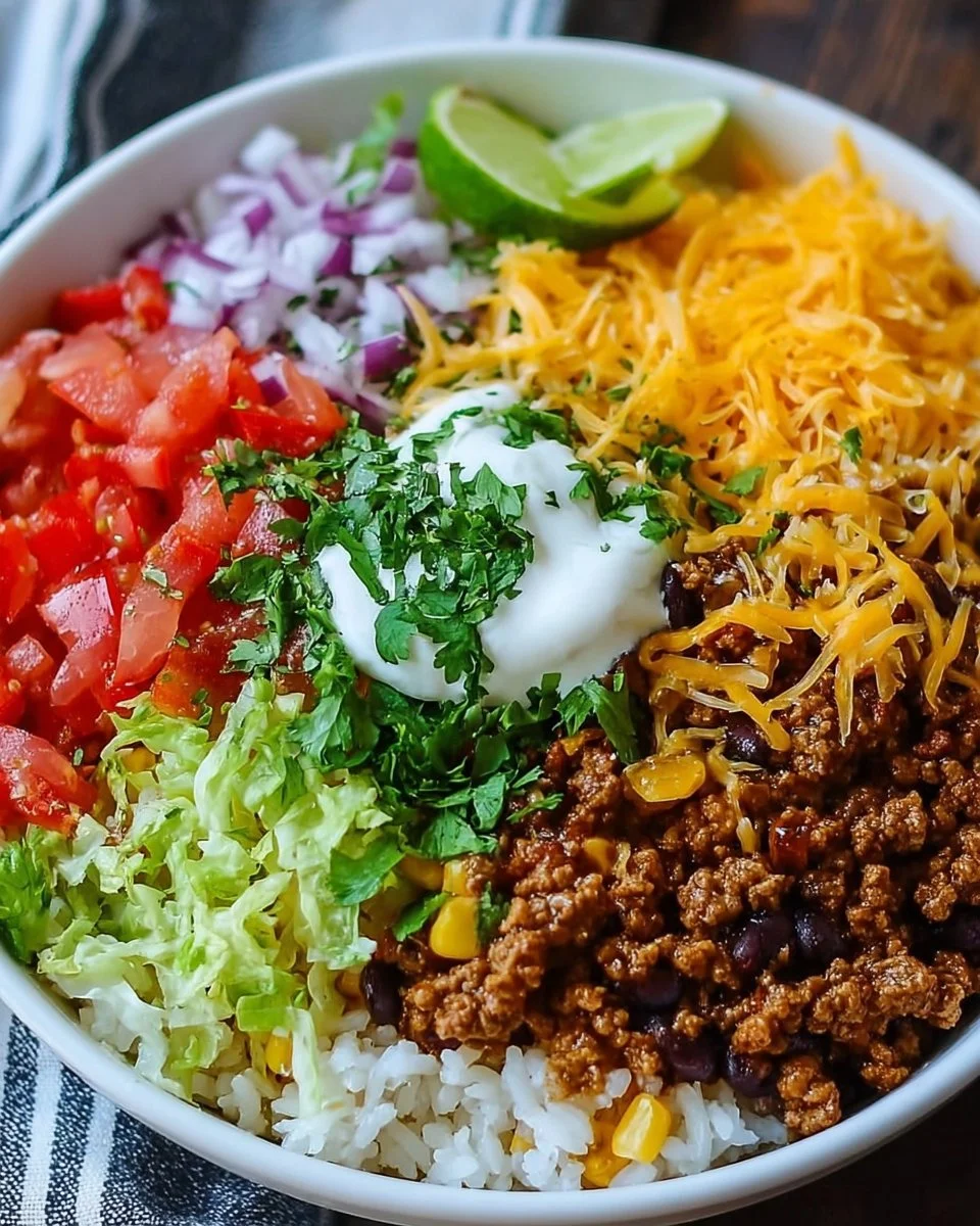 Delicious Taco Rice Bowl with toppings and fresh ingredients