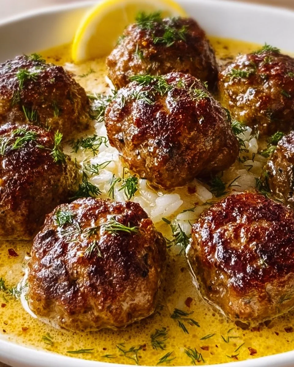 Soft and juicy Greek meatballs served in lemon sauce on a plate