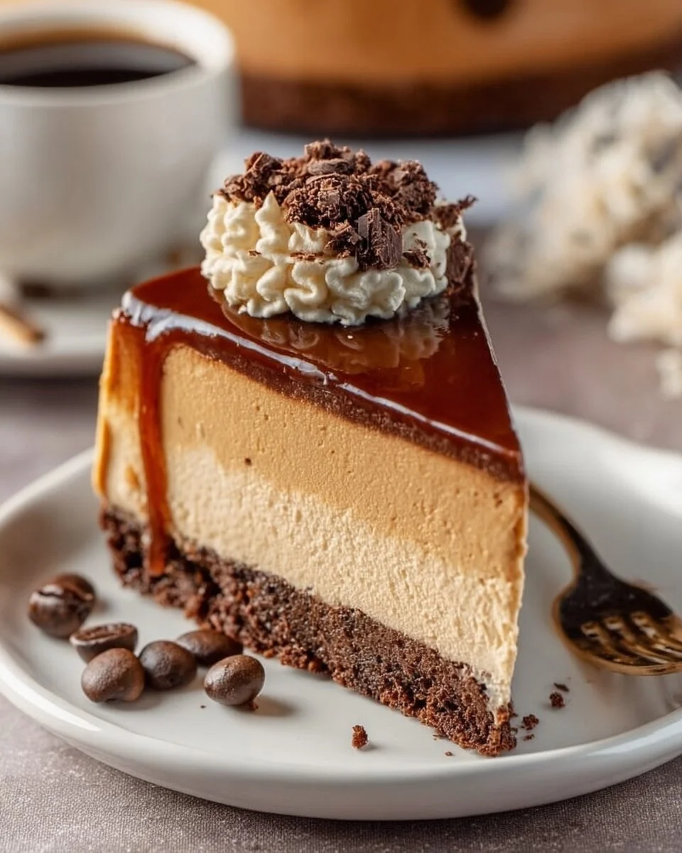 Delicious coffee mocha cheesecake topped with chocolate and coffee beans