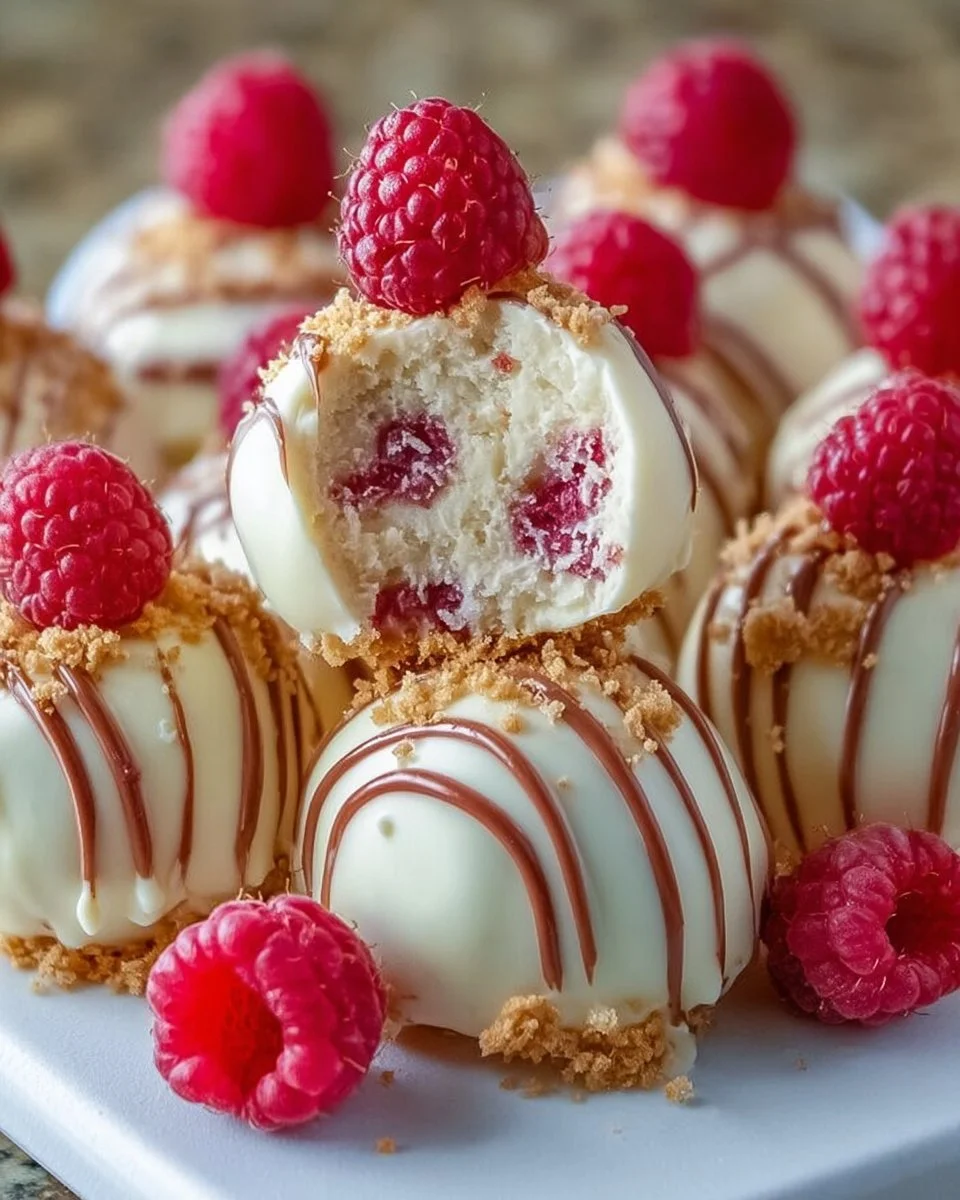 White chocolate raspberry cheesecake balls arranged on a plate