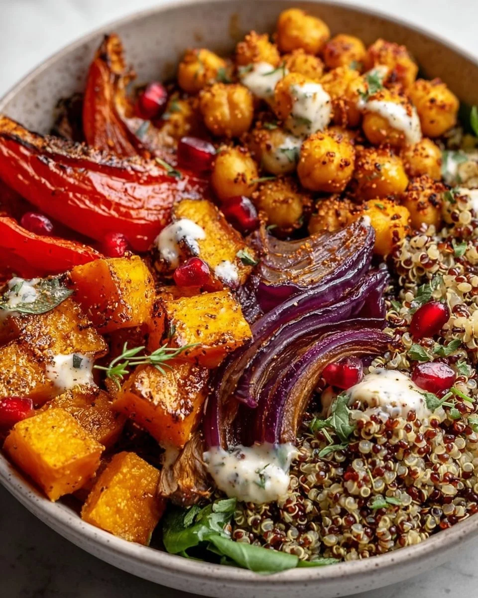 Delicious Winter Mediterranean Quinoa Bowl with vibrant veggies and grains