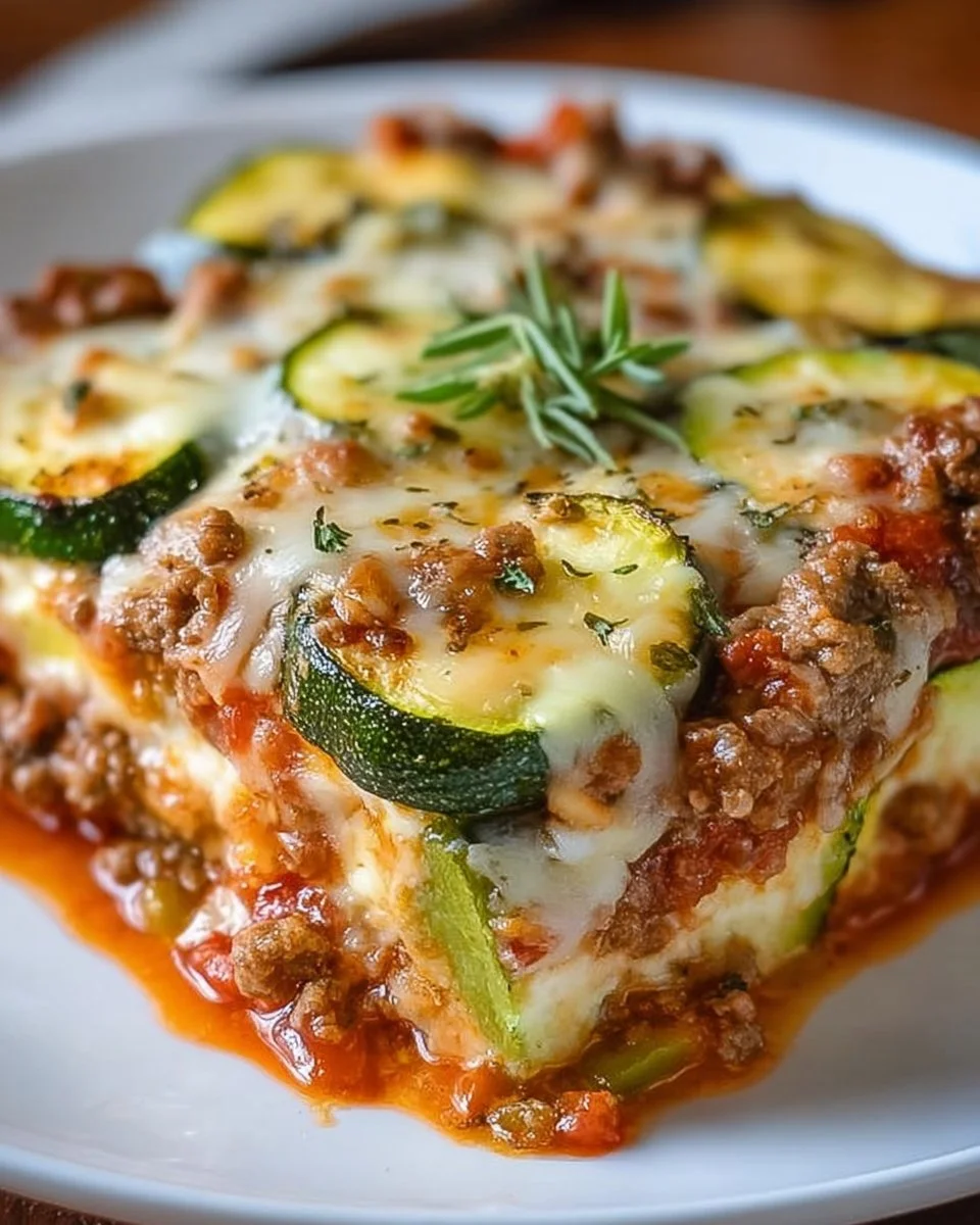Zucchini pizza casserole served in a dish with melted cheese and toppings