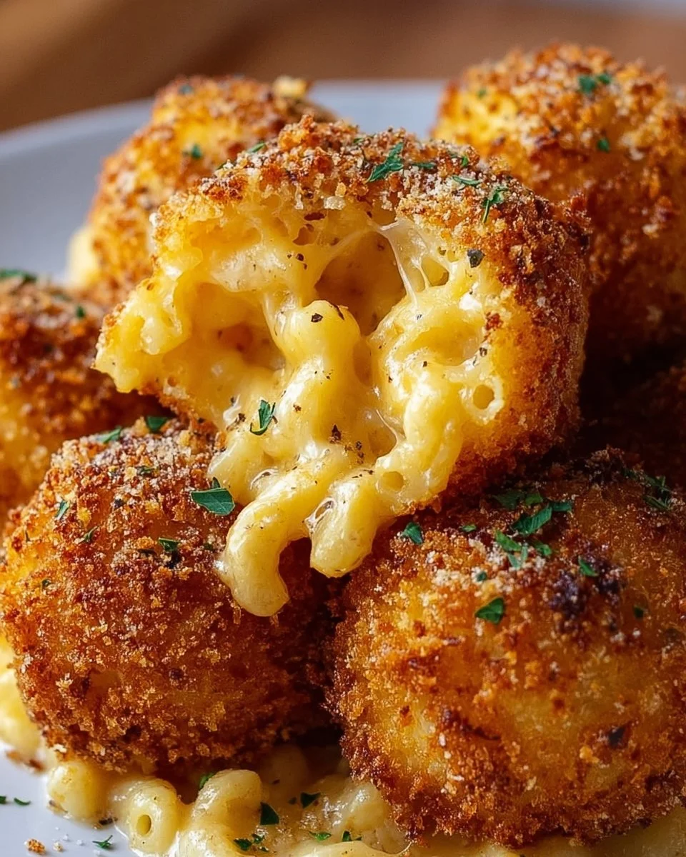 Crispy air fryer fried macaroni and cheese balls on a plate