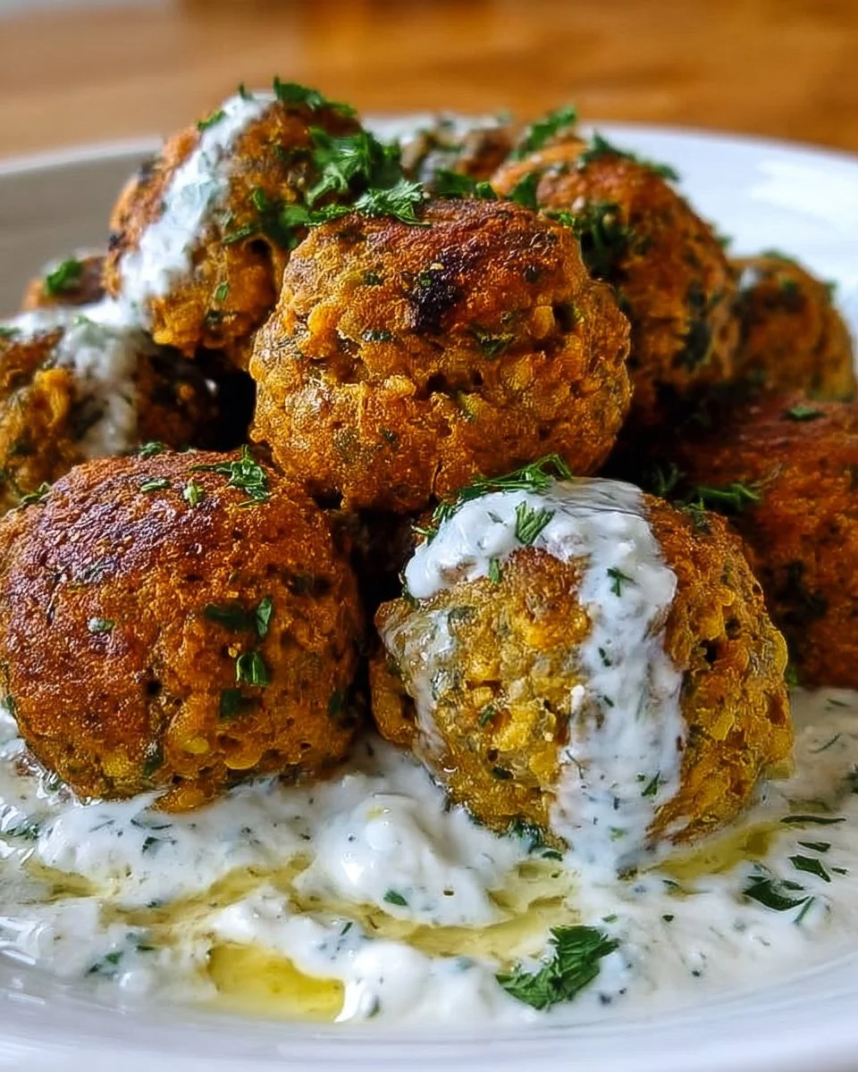 Baked Greek lentil meatballs served with creamy tzatziki sauce on a plate