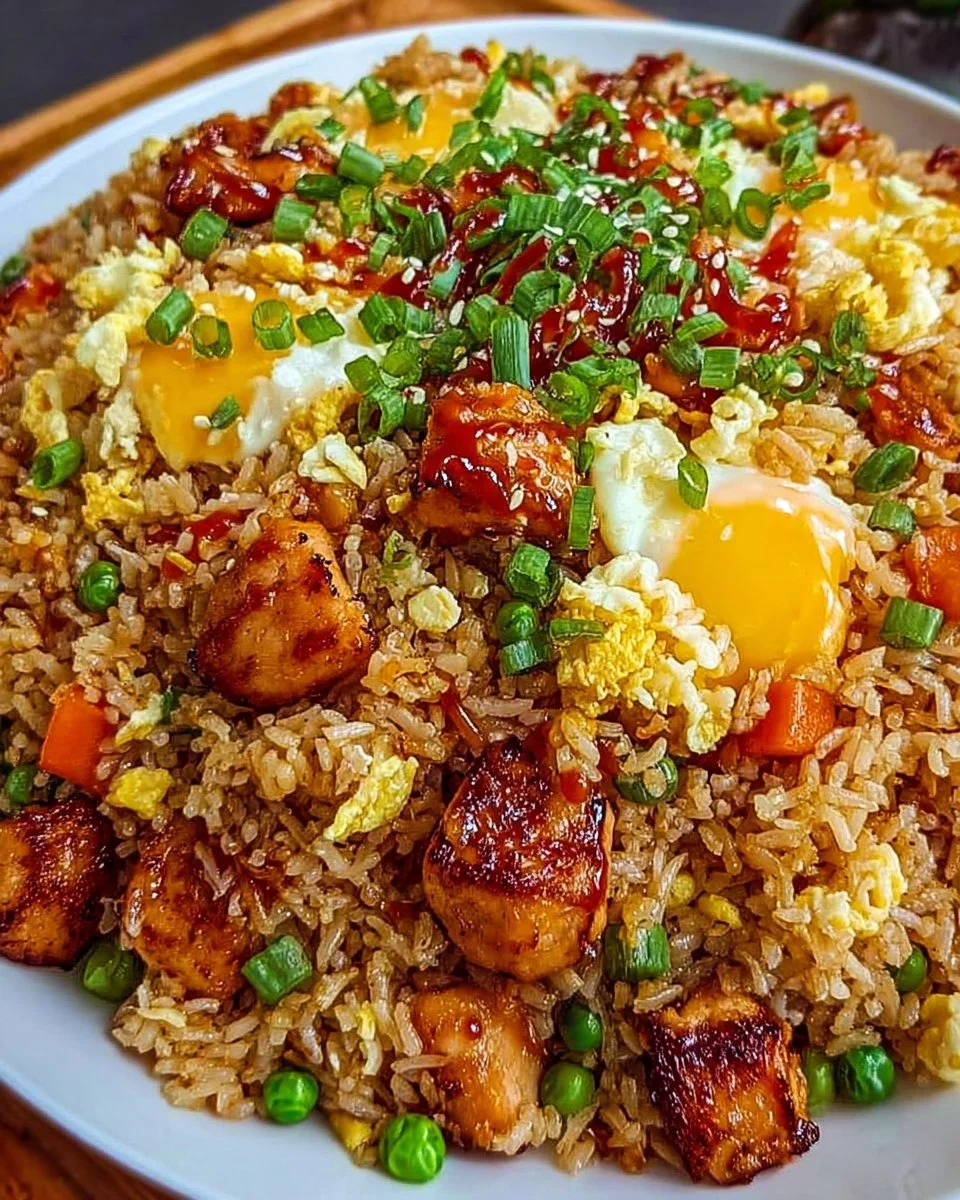 Delicious Bang Bang Fried Rice served on a plate, garnished with green onions.