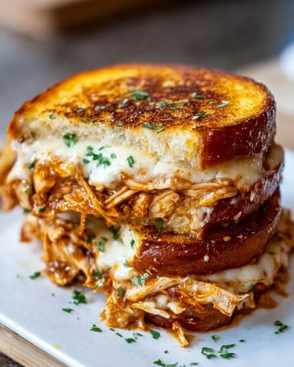 Delicious BBQ Chicken Grilled Cheese sandwich with melted cheese and BBQ sauce